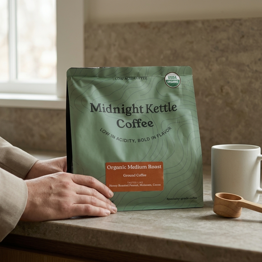 Midnight Kettle Coffee Organic Medium Roast, naturally low-acid coffee, 12 oz bag