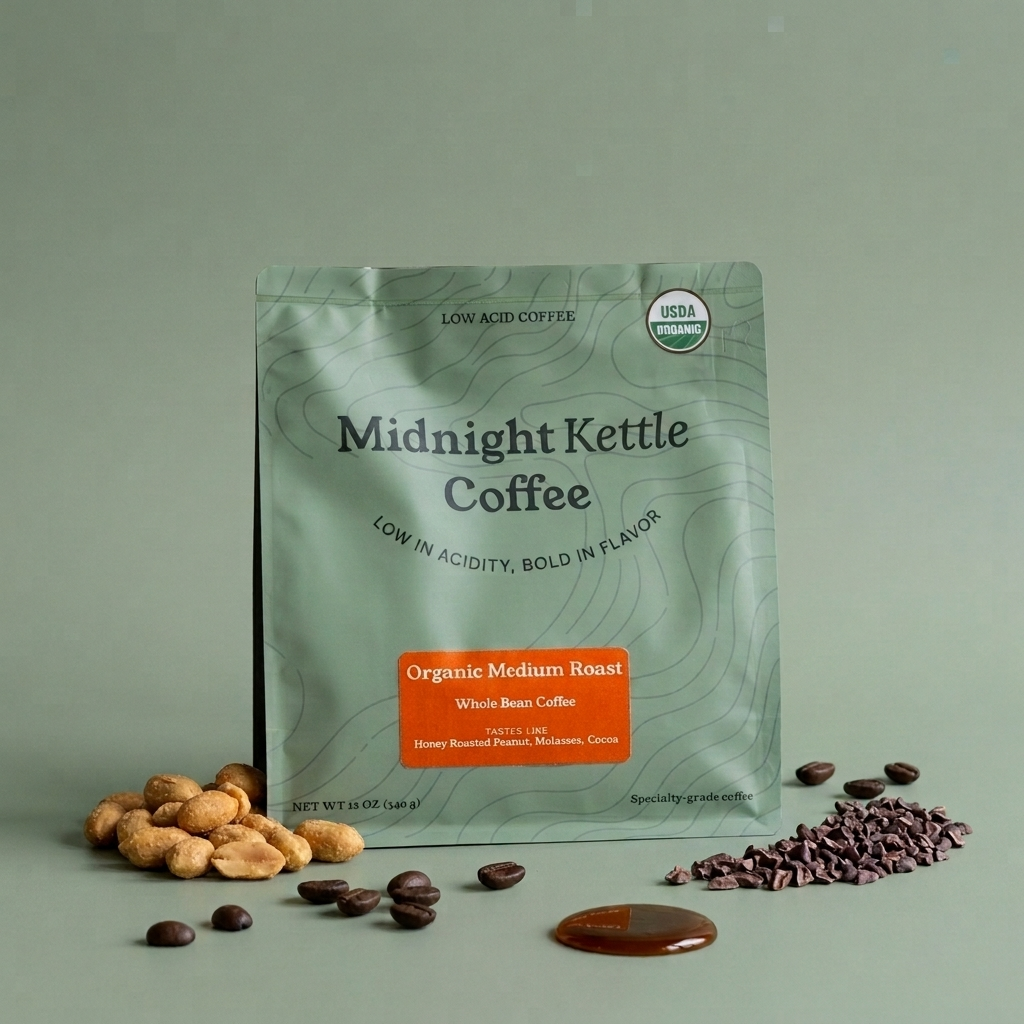 Midnight Kettle Coffee Organic Medium Roast, naturally low-acid coffee, 12 oz bag