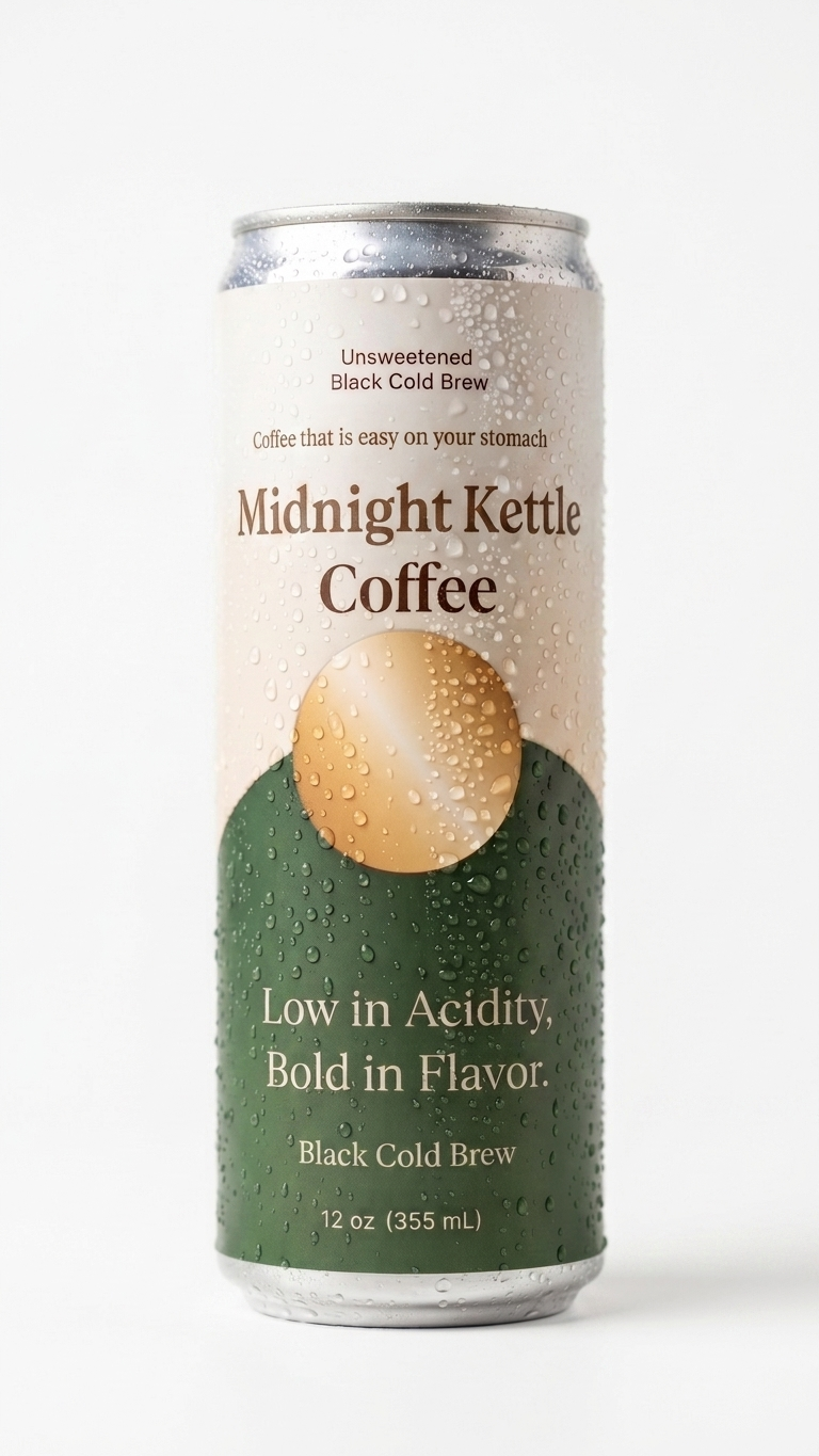 A 12 oz can of Midnight Kettle Coffee on a clean white background. The can features a silver top and bottom, with a label that has a cream-colored top half and a dark green bottom half, separated by a gold circle with water droplets.