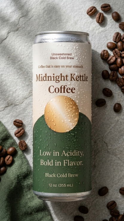 A 12 oz can of Midnight Kettle Coffee, black cold brew, displayed on a textured gray stone surface with scattered coffee beans and a green cloth.