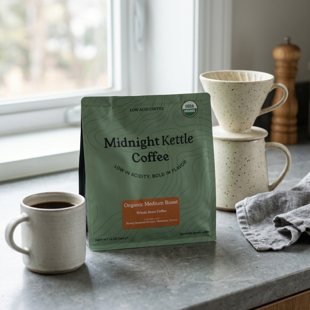 A package of Midnight Kettle Coffee stands on a kitchen counter beside a cup of black coffee, stacked ceramic mugs, a cloth, and a window.