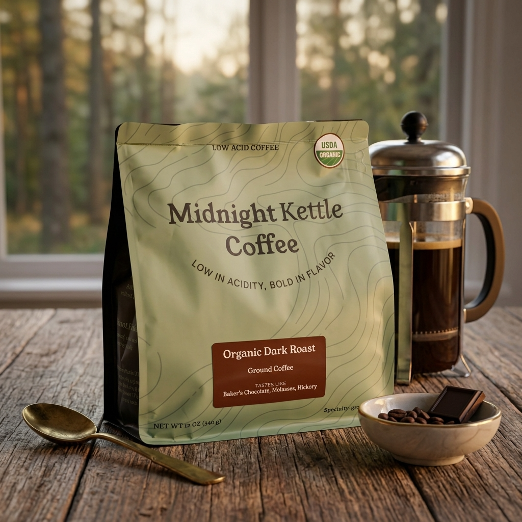 Midnight Kettle Coffee Organic Dark Roast, naturally low-acid coffee, 12 oz bag