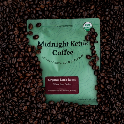 Midnight Kettle Coffee Organic Dark Roast, naturally low-acid coffee, 12 oz bag